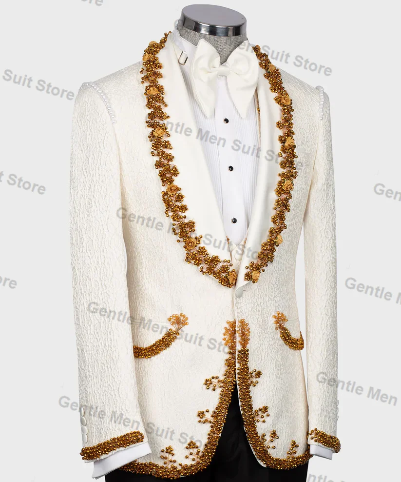 White Jacquard Men Suits Set 3 Piece Blazer+Vest+Pant Prom Groom Wedding Tuxedo Coat Tailored Made Golden Beaded Office Jacket