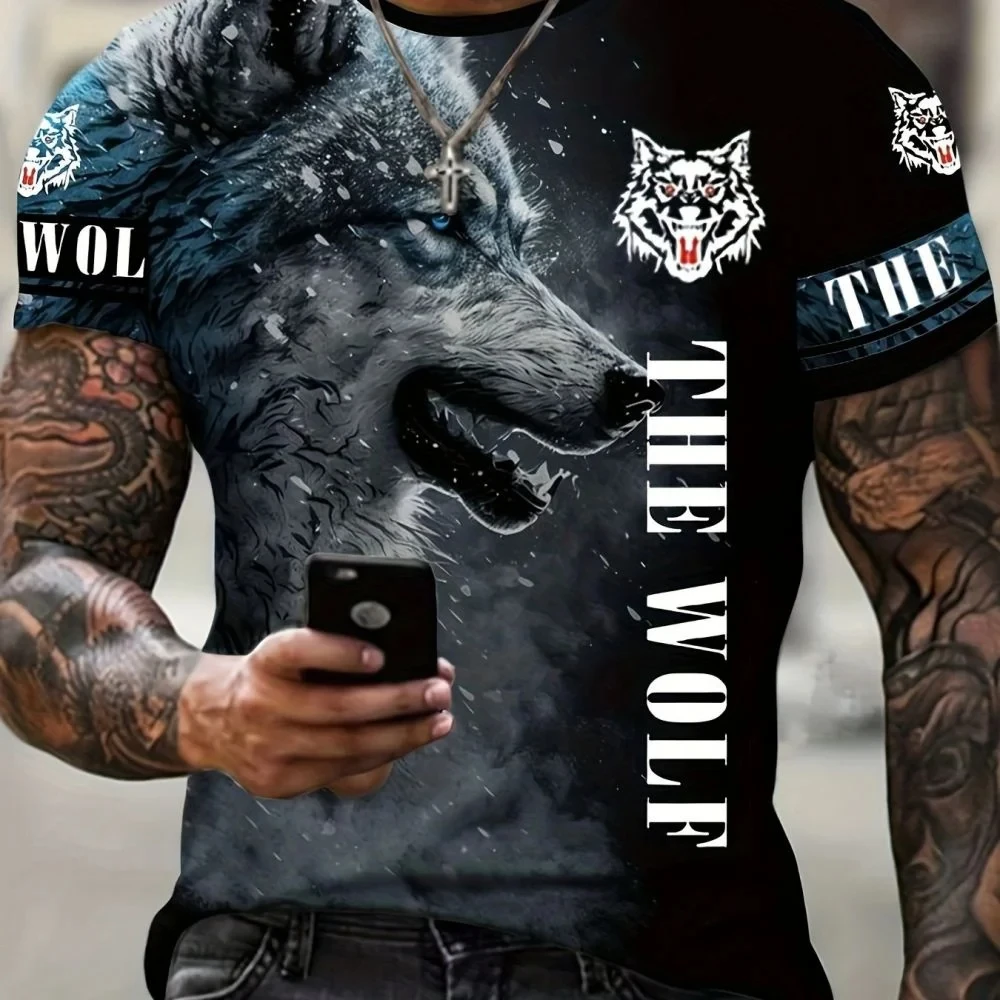 

New Wolf T-shirt For Men 3D Animal Print Pullover O Neck Casual Short Sleeve Tees Fashion Street Sweatshirt Male Oversized Tops