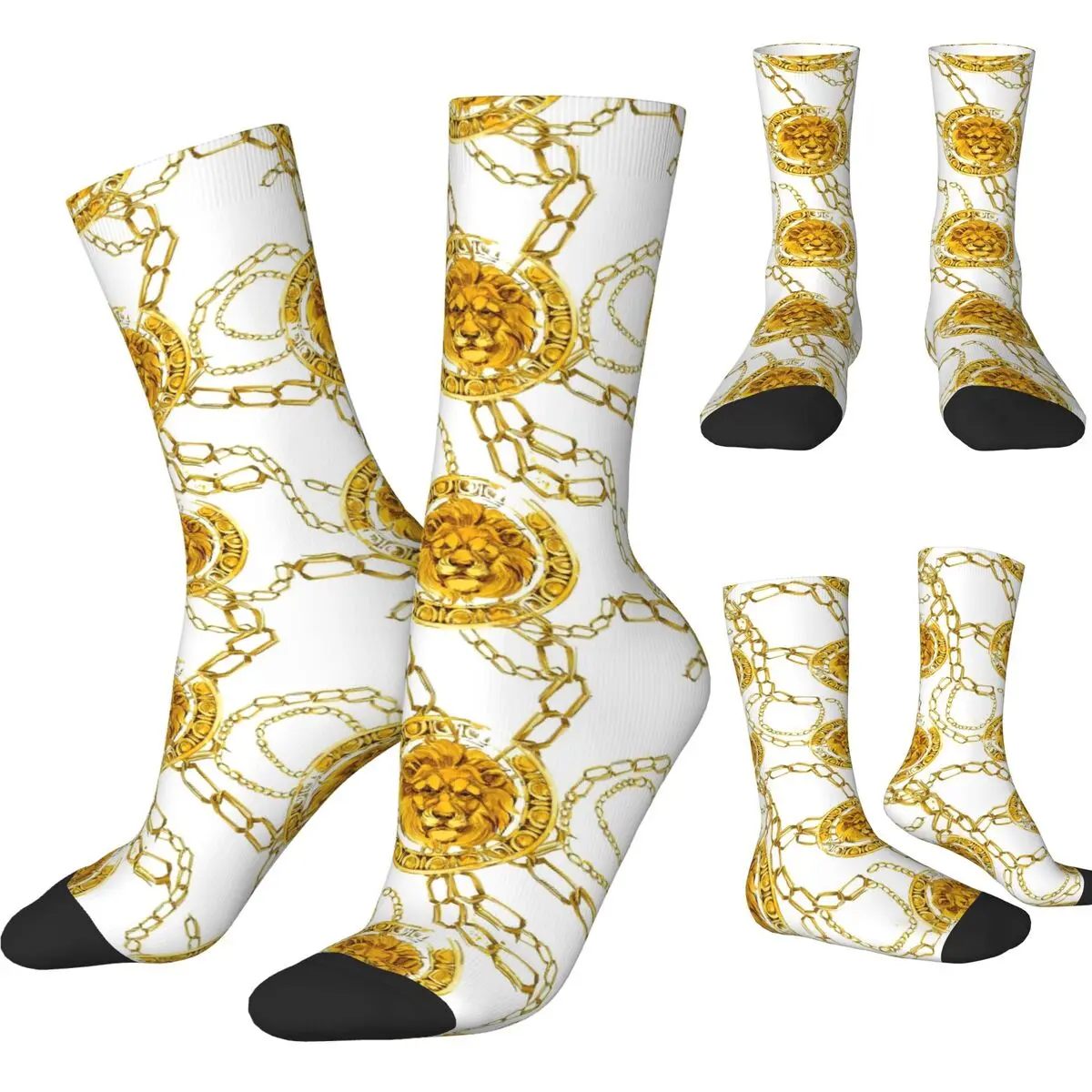 Autumn Winter Casual Women Men Golden Lion Damask Socks Baroque Pattern Breathable Basketball Socks