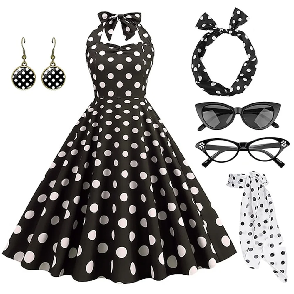 

Women's Rockabilly Dress Polka Dots Swing Flare Dress with Accessories Set Earrings Necklace Headband Glasses Gloves Dress