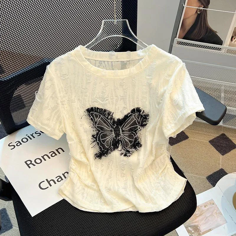 Women's Vintage Butterfly Short Sleeve Summer 2025 New Fold Slim Short Style Top Fashion Chic Streetwear Casual Hole T-shirt