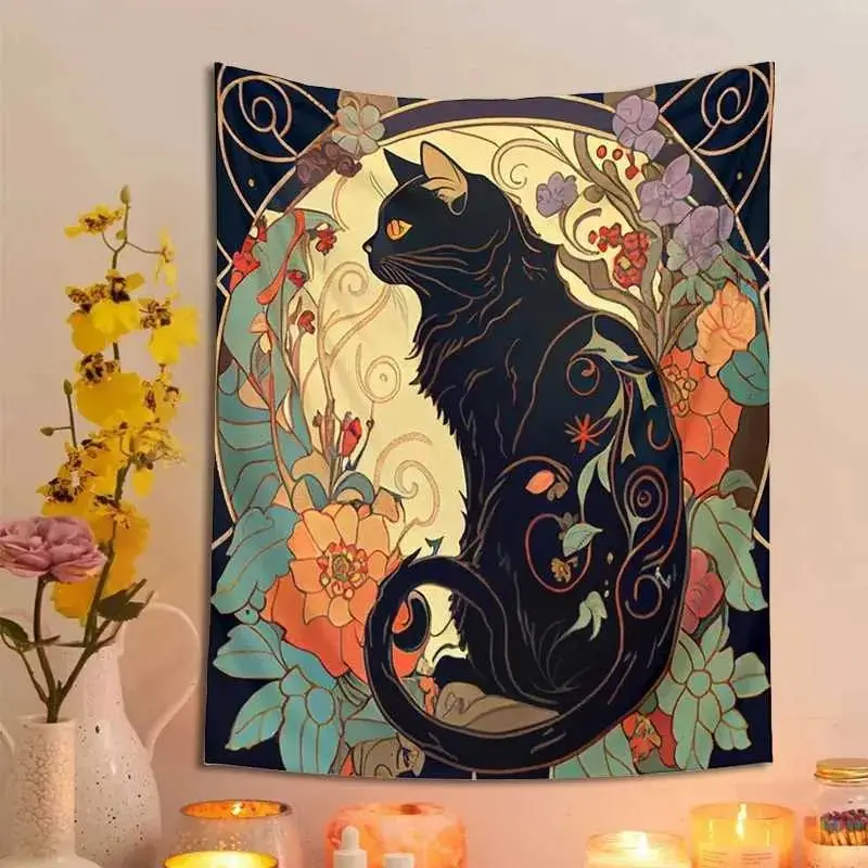 VIKAMA Vintage Gothic Black Cat Tapestry Wall Hanging Art Nouveau Floral Witchy Aesthetic Decor for Bedroom Living Room Gift