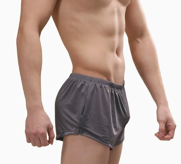 Men Ice Silk Lounge Boxer Shorts Elastic Waist Separated U Convex Pouch Loose Fit Sexy Split Liner Aro Pants Sleeping Underwear