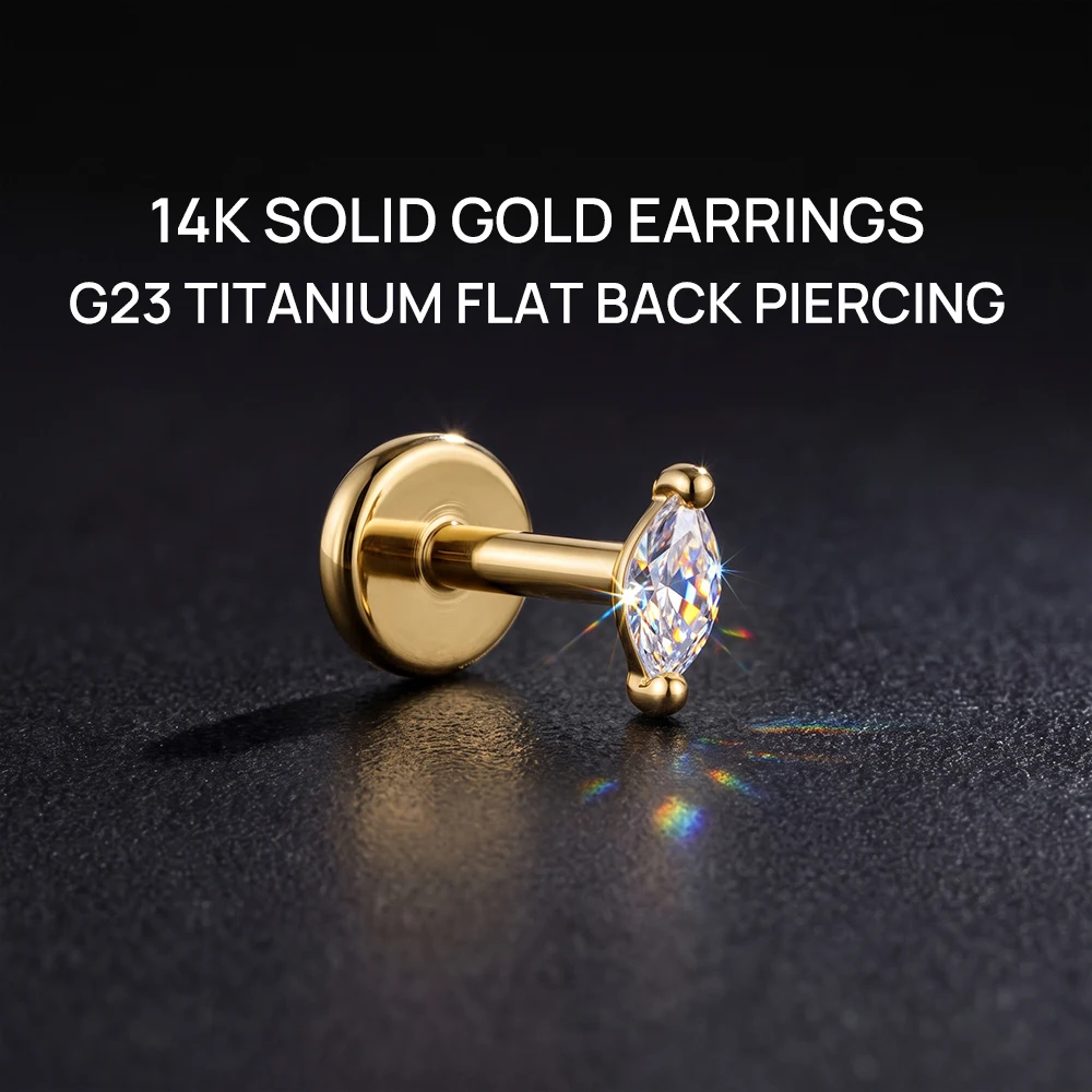 CANNER 1PC 14K Solid Gold Oval D Color Moissanite Threaded Flat Back Piercing Stud Earring Women Sparking Jewelry Party Gift