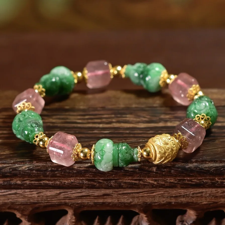 Natural Grade A White Green Jadeite Gourd Bracelet Square Strawberry Quartz Gold Plated S925 Silver Women Wrist Jewelry