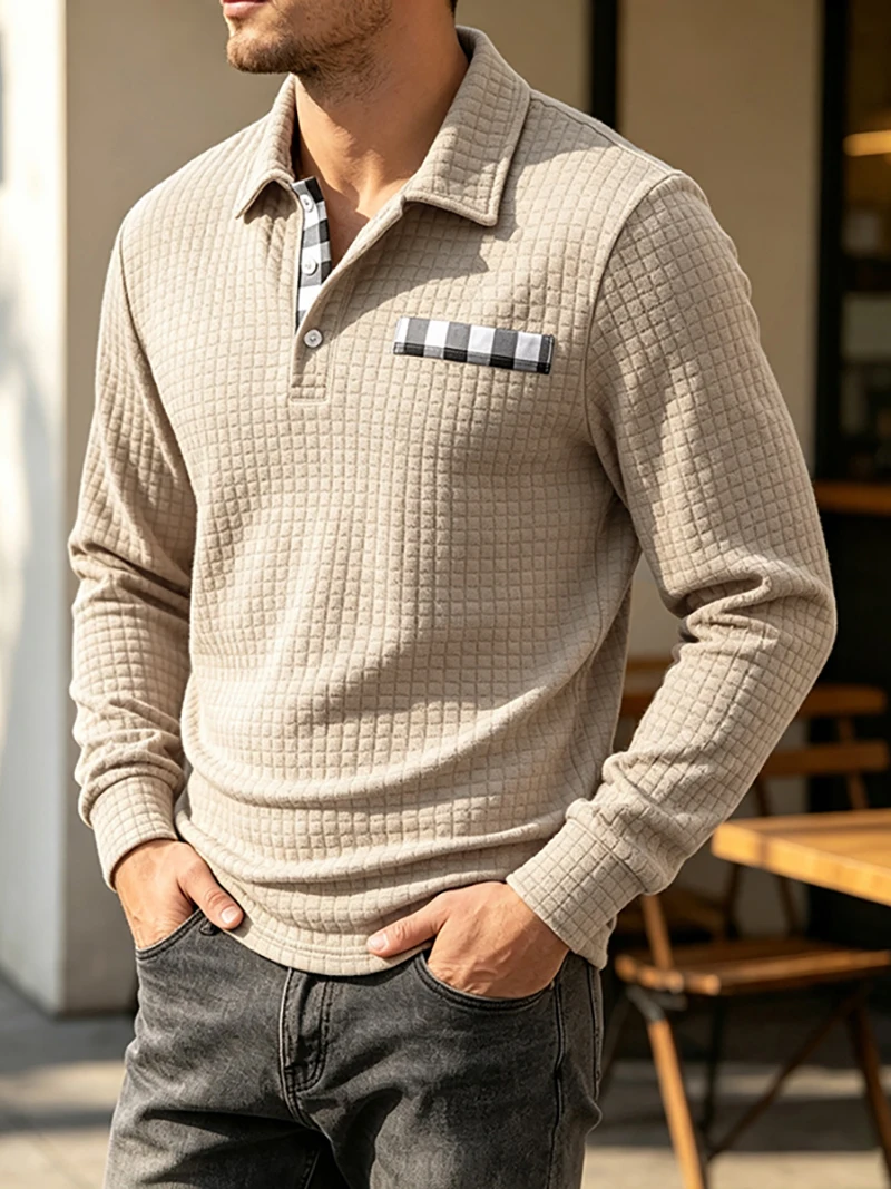 Herren Waffelstrick Langarm-Poloshirt mit Revers und Halbknopfleiste, Regular Fit, Frühling Herbst Business Casual Atmungsaktive Weiche Oberteile – Detail 5