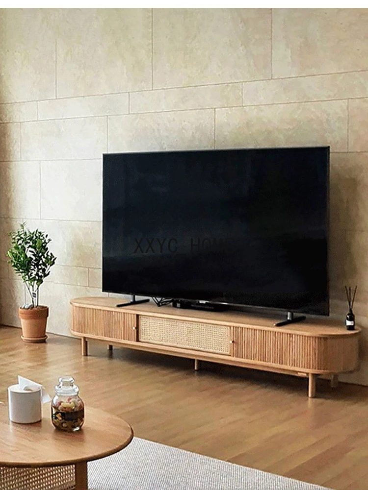 Japanese retro solid wood TV cabinet, rattan woven wall storage cabinet, living room, red oak log audio-visual cabinet