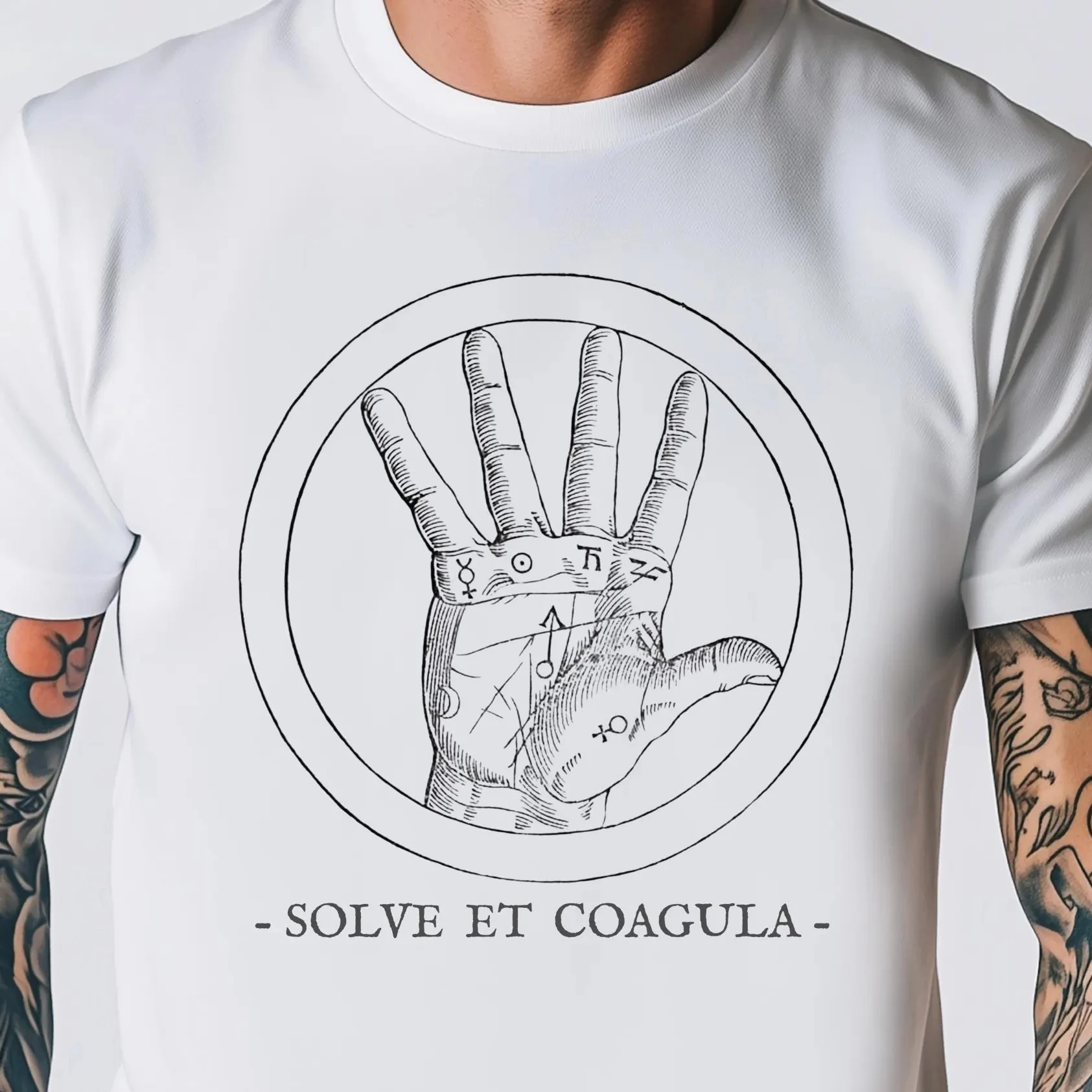 Resolver e coagula camisa alquimia hermética camiseta simbolismo oculto palma camiseta caos magick unissex goth topo |   Texto de design escuro abaixo