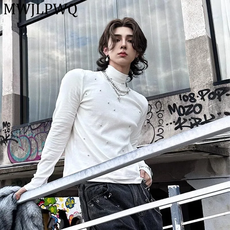 

MWJLPWQ Trendy Decorate Design T-shirts For Men Street Solid Color Slim Fit Casual High Neck Knitted Top Spring Autumn New 13159