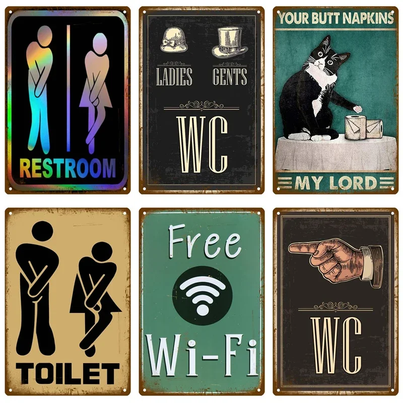 Vintage Metal Sign Home Funny Decor Toilet Tin Sign WC Lavatory Toilettes Wall Art Bathroom Restroom Toilet Wall Decoration Pub