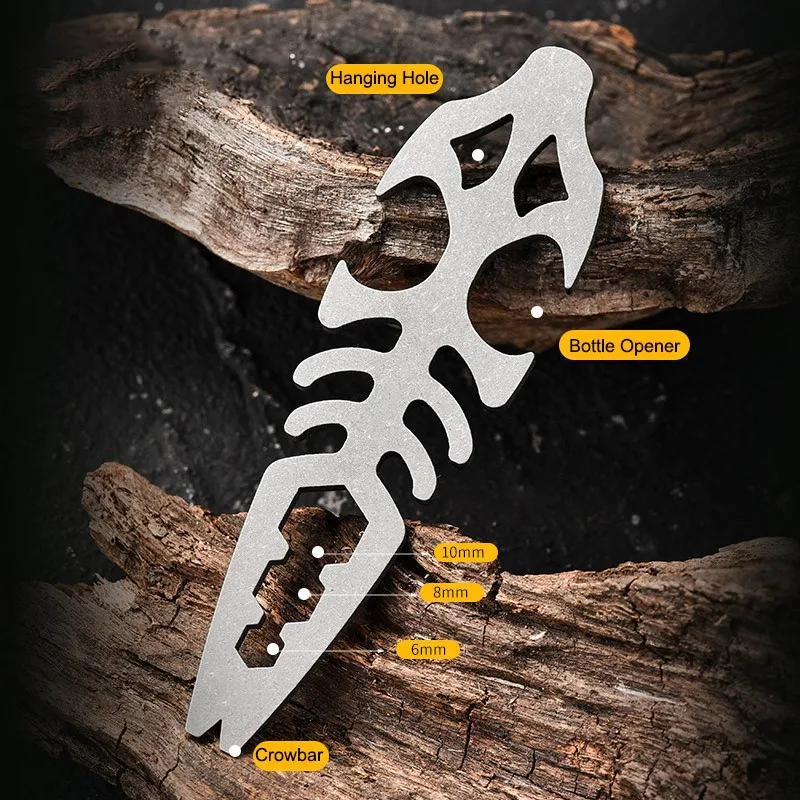 Titanium Alloy EDC Crowbar Fish Bone Shape Pry Bar with Necklace Keychain Gift Multifunctional EDC Survival Tool Bottle Opener