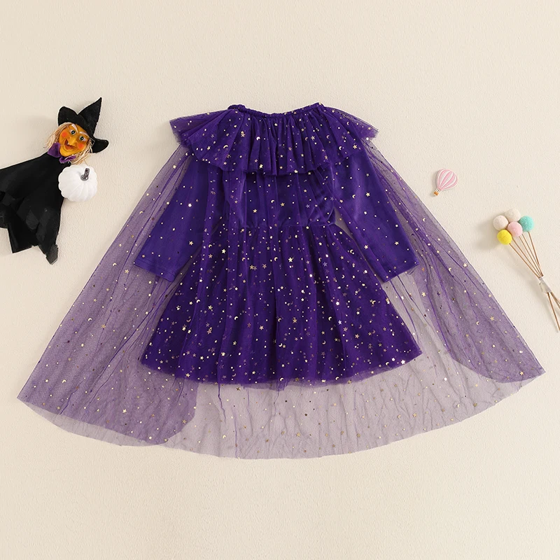 Bambine Halloween velluto Puffy Mesh Dress scialle scheletro stampa paillettes maglia girocollo manica lunga abiti da principessa