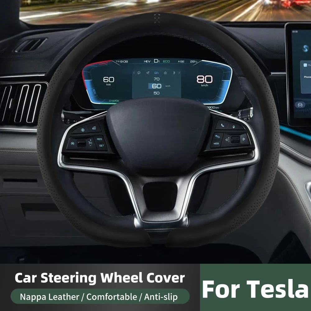 

Nappa Leather Anti-Slip Car Steering Wheel Protector Cover For Tesla Model 3 Y S X Highland Juniper Auto Interior Accessories