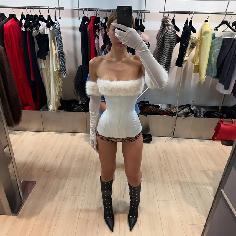 Camisetas sin tirantes de retales de piel sintética con guantes de manga larga para mujer, chalecos ajustados con corsé sin espalda y peludo Sexy a la moda para Navidad