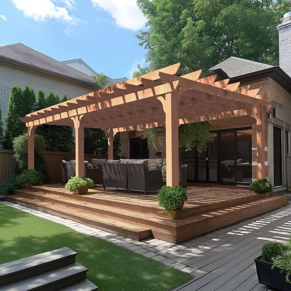 

12x20 FT Cedar Wood Gazebo, Outdoor Pergola with 5.5” Thick Snow Wind Support Structure, Pergola Kits with Stakes, Customized