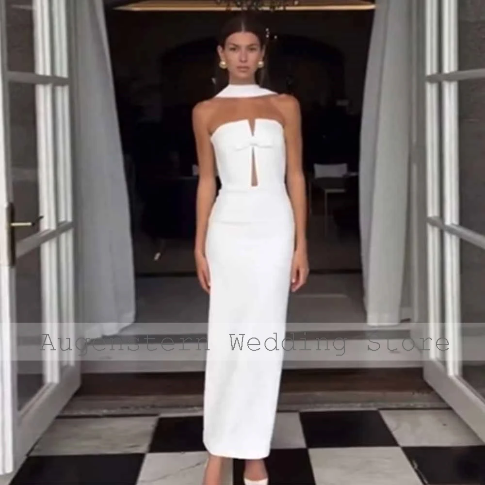 Modern Wedding Dresses 2026 Jersey Sheath/Column Wedding Party Dresses White Strapless Bow Shawl Hollow Midi Wedding Dresses