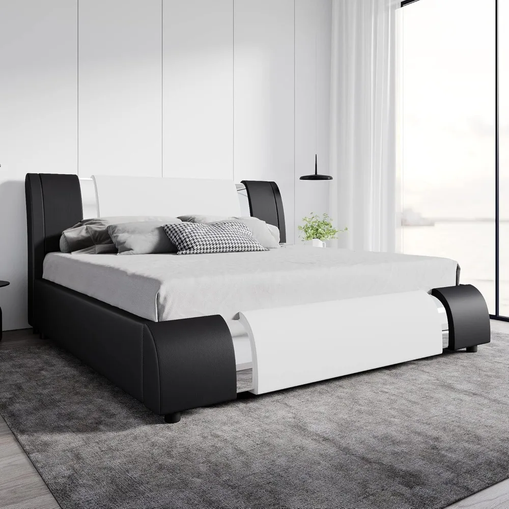 Modern Faux Leather King Bed Frame with Adjustable Headboard and Iron Accents, Deluxe Upholstered Platform Bed