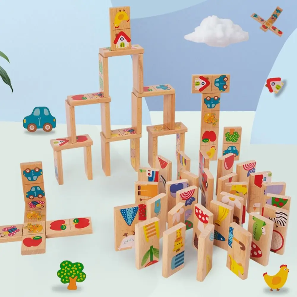 Montessori Wooden Domino Building Blocks Cognitive Early Educational Wood Animal Domino Puzzle Solitaire Animal