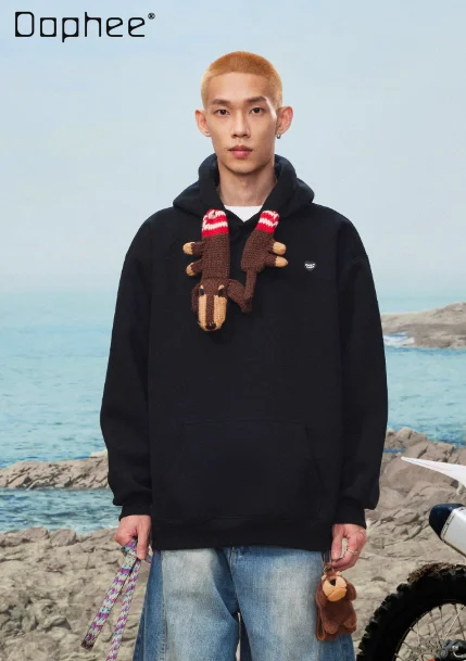 

Spring and Autumn New Men's Detachable Knitted Dachshund Dog Hat Rope Hooded Sweatshirt Loose Casual Couple Thickened Hoodie