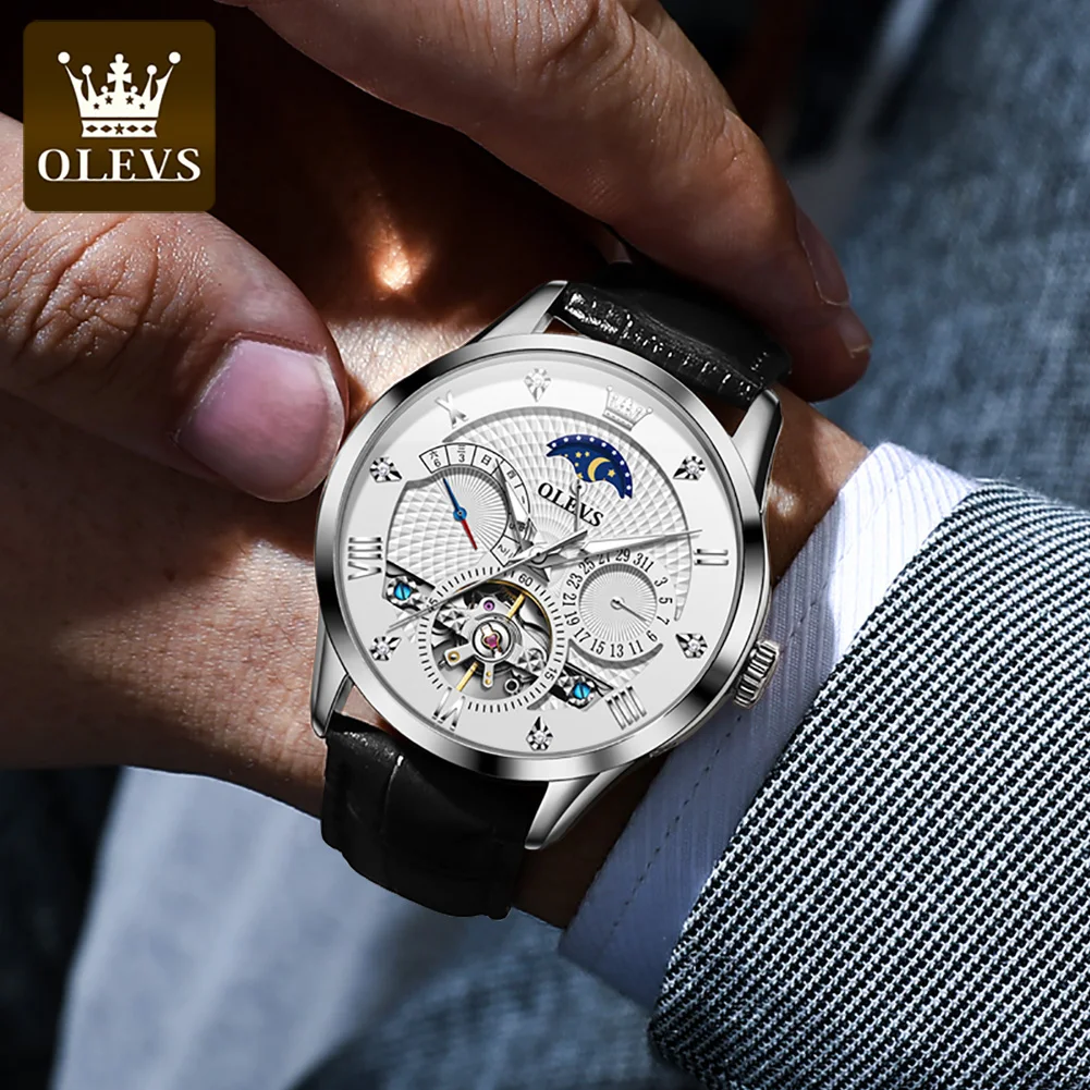 OLEVS 6652 Men Original Flywheel Fully Automatic Mechanical Watch Leather Waterproof Double Calendar Moon Phase Men Watch Reloj