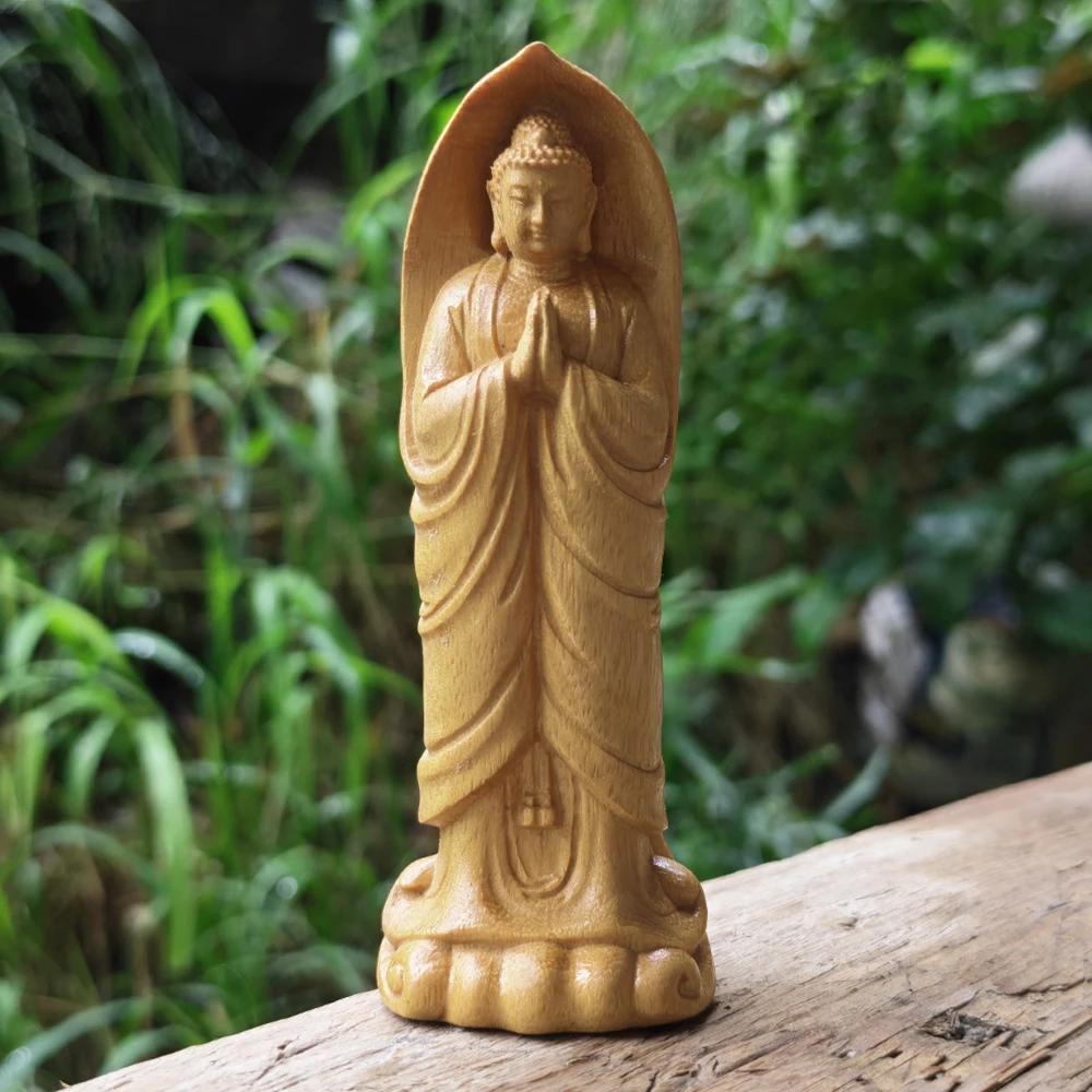 3.8 Inch Hand-Carved Wooden Buddha Statue Ornament Traditional Style, Zen Style Suitable for Office, Fireplace, Tabletop Decorations, Indoor Decorations, New Year Gifts, Birthday Gifts, Housewarming Gifts, Holiday Decorations