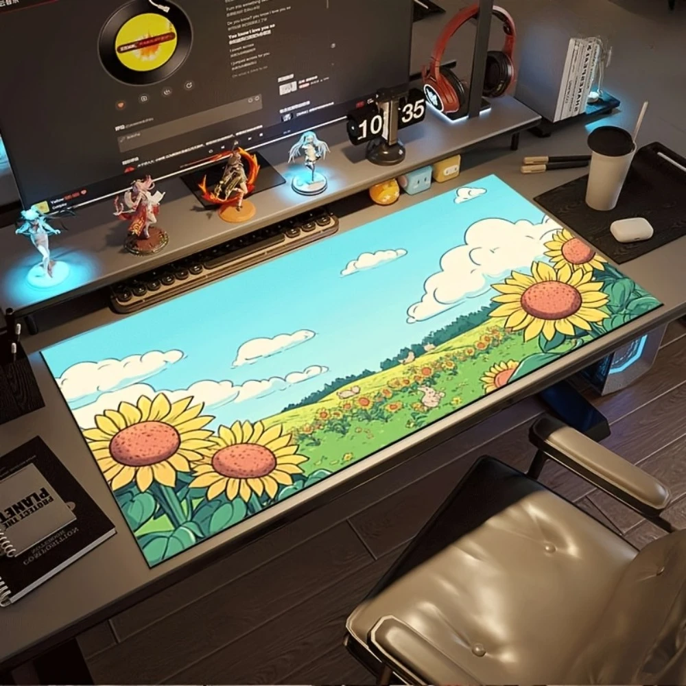 Tapis de bureau et organiseurs de bureau en caoutchouc antidérapant, motif champ de tournesols style anime, grand format, durable, tapis de souris
