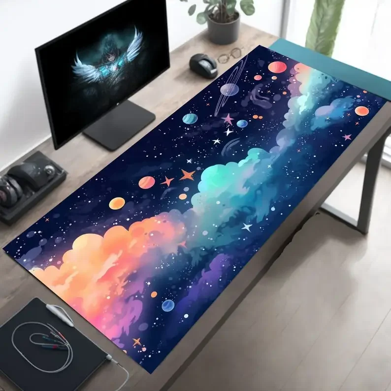 Cute Colorful Stars and Planets Mouse Pad Anime-Inspired Cosmos Desk Mat Xxl Mousepad Large Galaxy Gamer Computer Office Rug