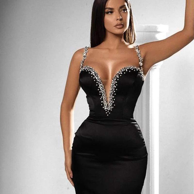 2024 New Black Bandage Dress Women Elastic Crystal Spaghetti Strap Deep V Neck Bodycon Mini Celebrity Evening Club Party Dresses