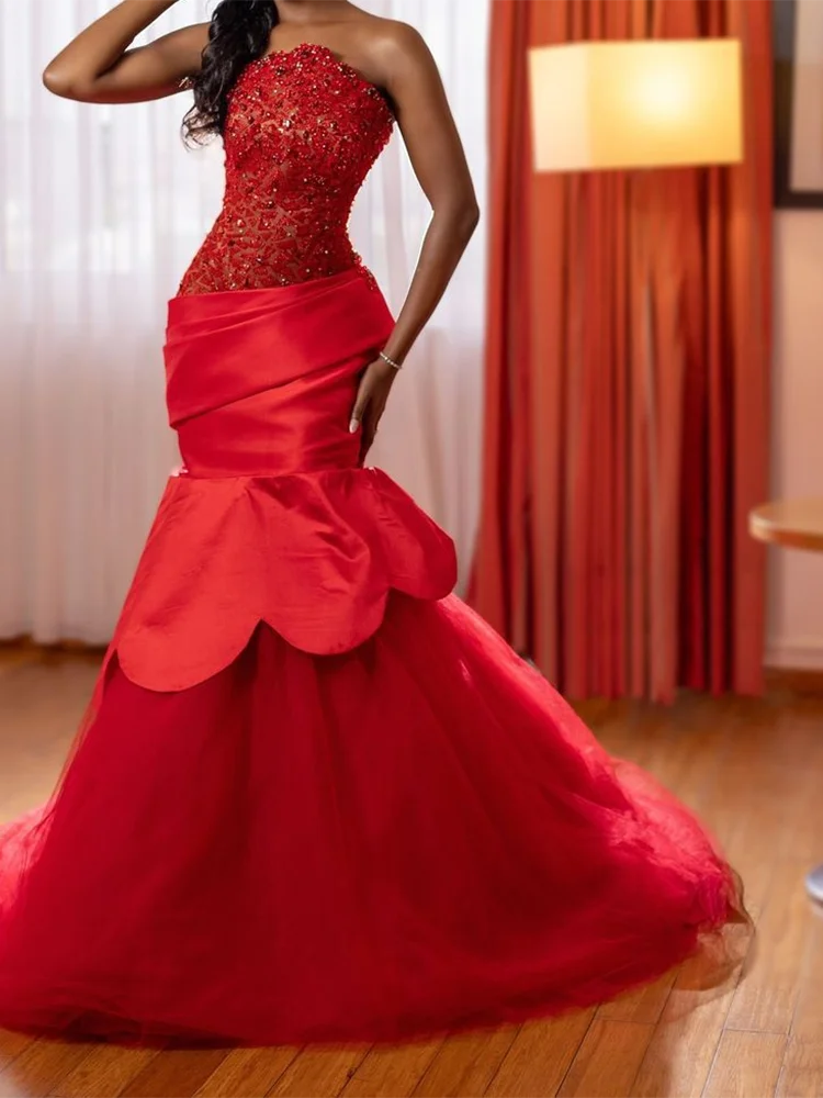 

Элегантное красное кружевное вечернее платье русалки без рукавов с бисером для выпускного вечера, дня рождения по индивидуальному заказу