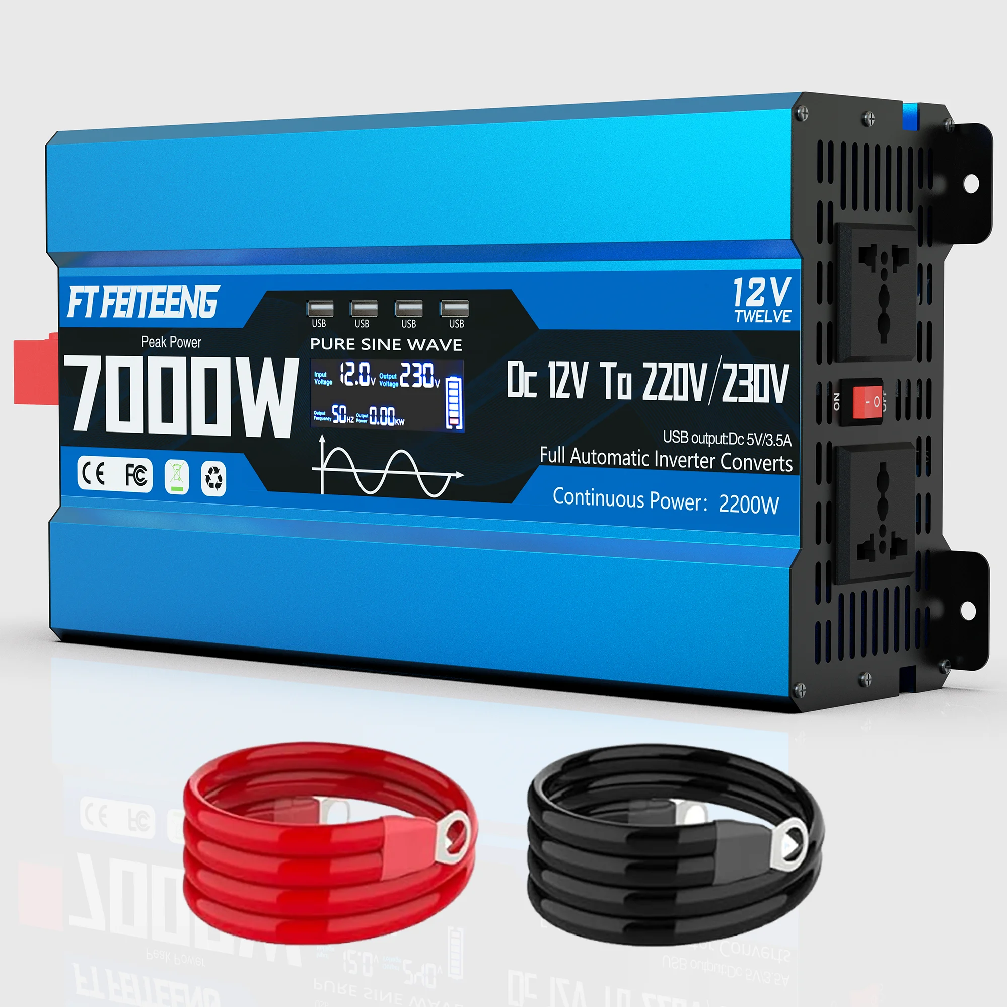 Pure sine wave 7000W inverter, suitable for boats and cars (12V to 220V/230V), operating at a frequency of 50Hz. This power inve