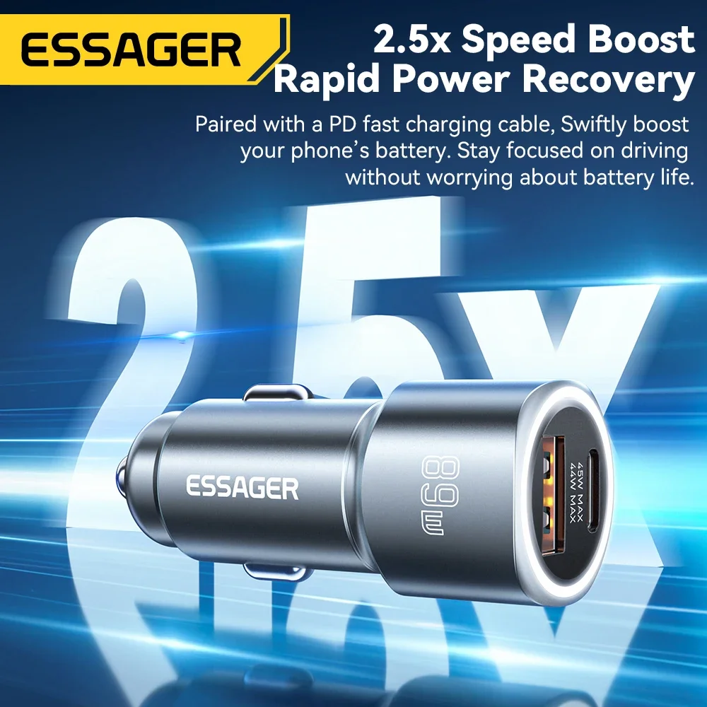 Essager USB C Car Charger 89W 2 Ports Super Fast Charge PD QC 3.0 Car Phone Charger For iPhone 15 Xiaomi Huawei Oneplus Realme