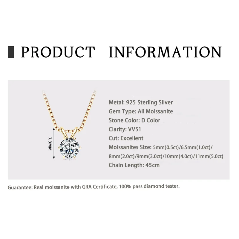 RAPRGOLD GRA Certified Multi-size Round Moissanite Pendant Necklaces For Women 925 Sterling Silver Solitaire Chain Jewellry Gift