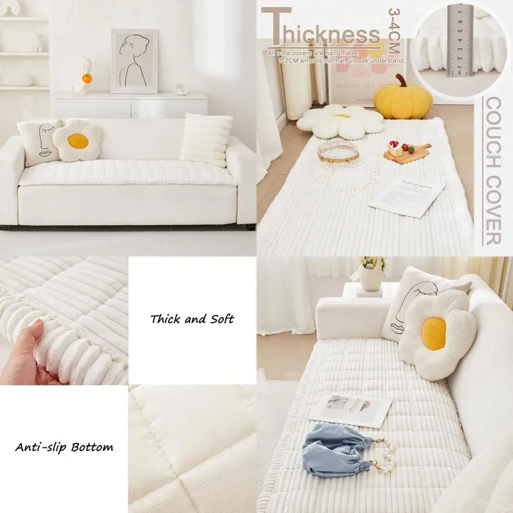 

Washable Fuzzy 3-Cushion Dog Sofa Cover, Pet-Friendly Non-Slip White Couch Cover (27.6x70.9/70x180cm)