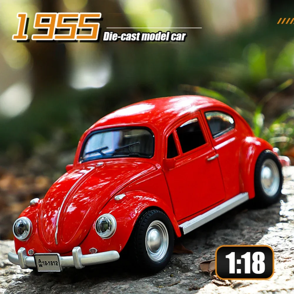 1:18 Scale Beetle 1955 Model Toy Cars Alloy Diecasting Doors Opened Sound Light Pull Back Miniature Vehicles for Children Gifts