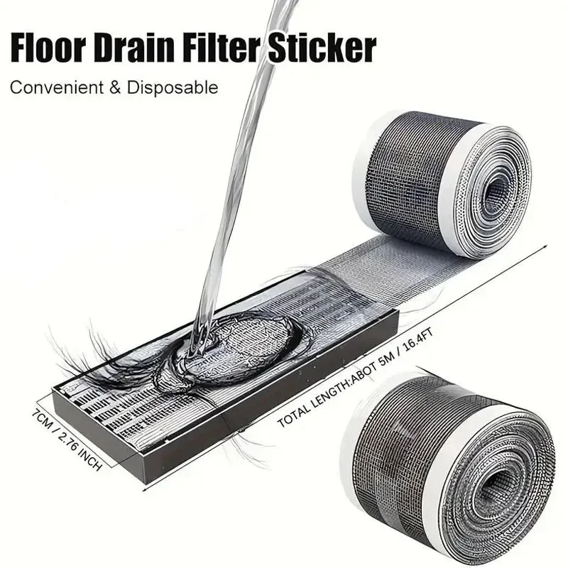 1-3Rolls Cutable Shower Drain Hair Catcher Self-Adhesive Floor Drain Stickers Disposable Mesh Sink Strainer Filter for Bathroom view 2