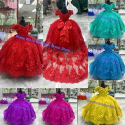 Elegant 3D Flowers Appliqué Flower Girls Dress for Wedding Tulle Fluffy Party Kids Girls Birthday Evening Gowns Customized