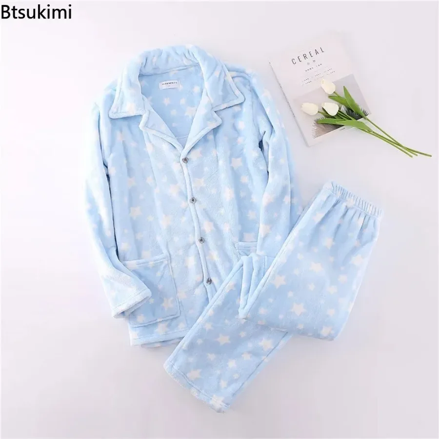 Men's Thicker Warm Pajama Sets Autumn Winter Coral Velvet Long Sleeve Sleepwear Sets Men's Pyjama Homewear Clothes Coats+Pants
