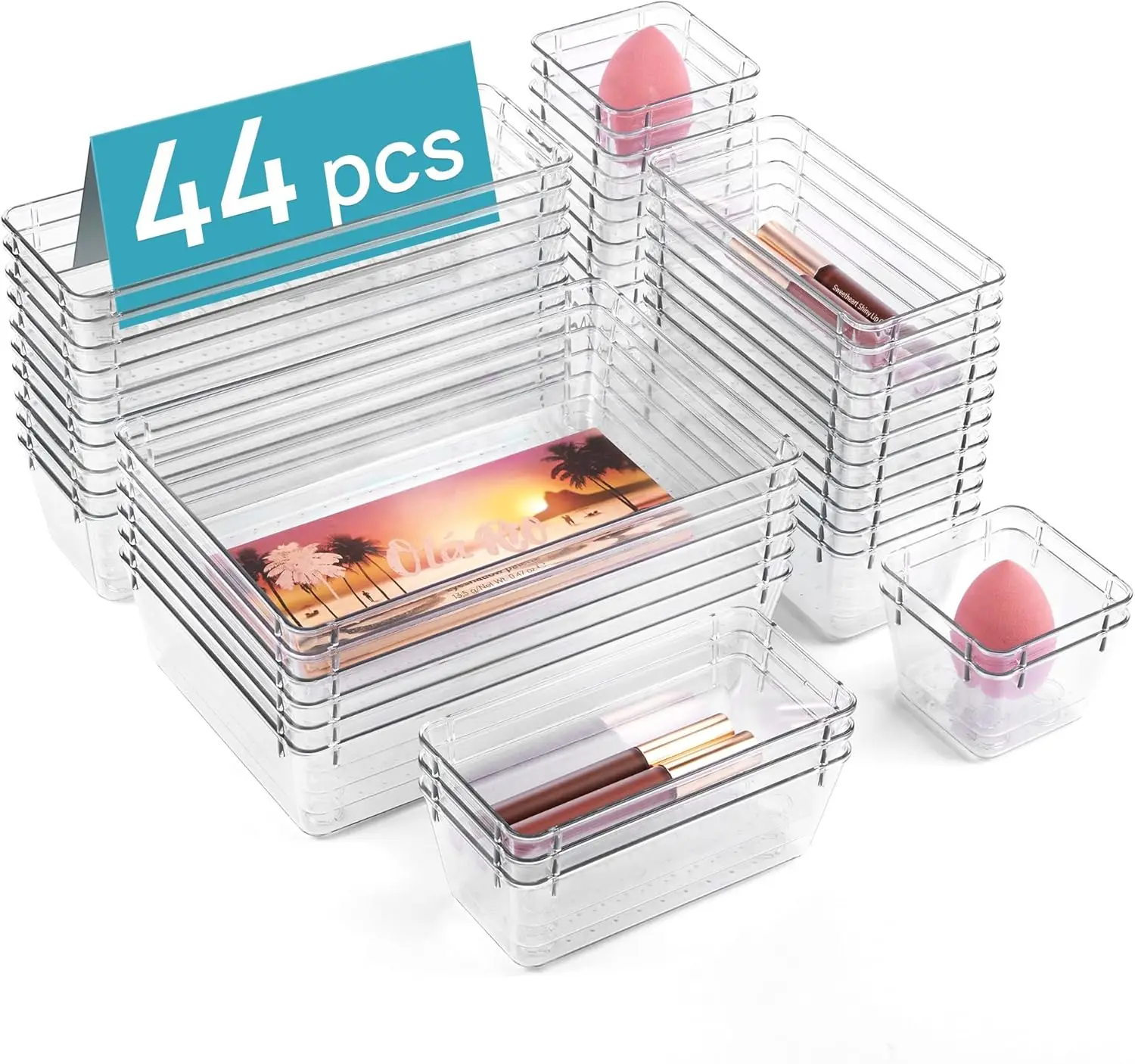 

44 PCS Clear Plastic Drawer Organizers Set, 4-Size Versatile Bathroom and Vanity Organizer Trays, Non-Slip Storage Conta