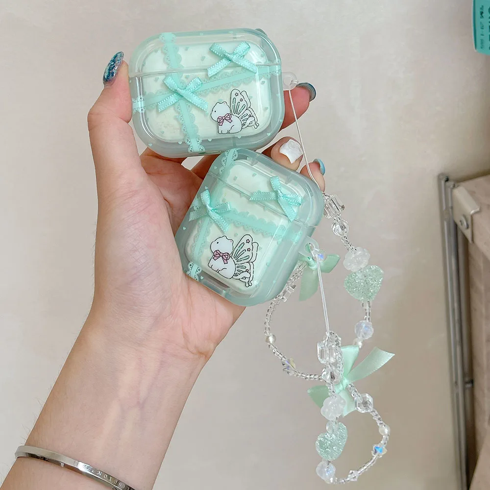 เคสหูฟังประดับคริสตัลรูปแมวดอกไม้ลูกไม้สีเขียวน่ารักสำหรับ Apple airpods 4 1 3 Pro 2ฝาครอบกล่องชาร์จบลูทูธไร้สาย