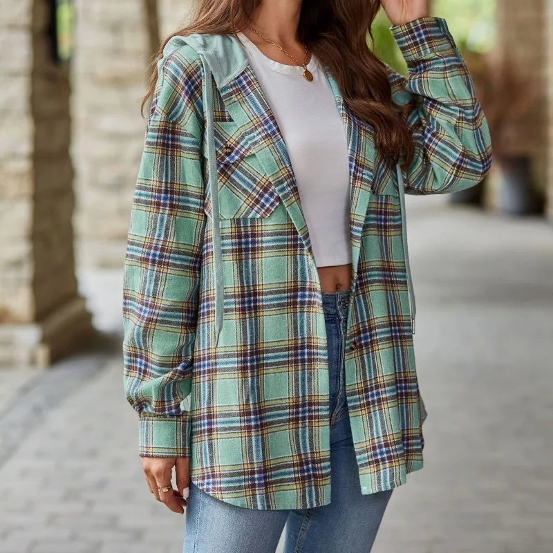 Spring and Autumn Women\'s Cardigan Hooded Long Sleeve Contrast Plaid Stripe Button Pocket Patchwork Fashion Casual Shirt Tops