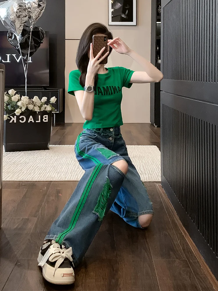 

Женская облегающая футболка Summer Faion с высокой талией, винтажные джинсовые джинсы с дырками, комплект из двух предметов, ширина oulder, обычная круглая ...