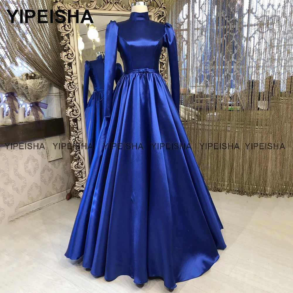 Yipeisha Modest Royal Blue Prom Dresses Hoge Kraag Lange Mouwen Prom Dress Moslim Party Gown A-lijn Satijnen Robe De Soiree