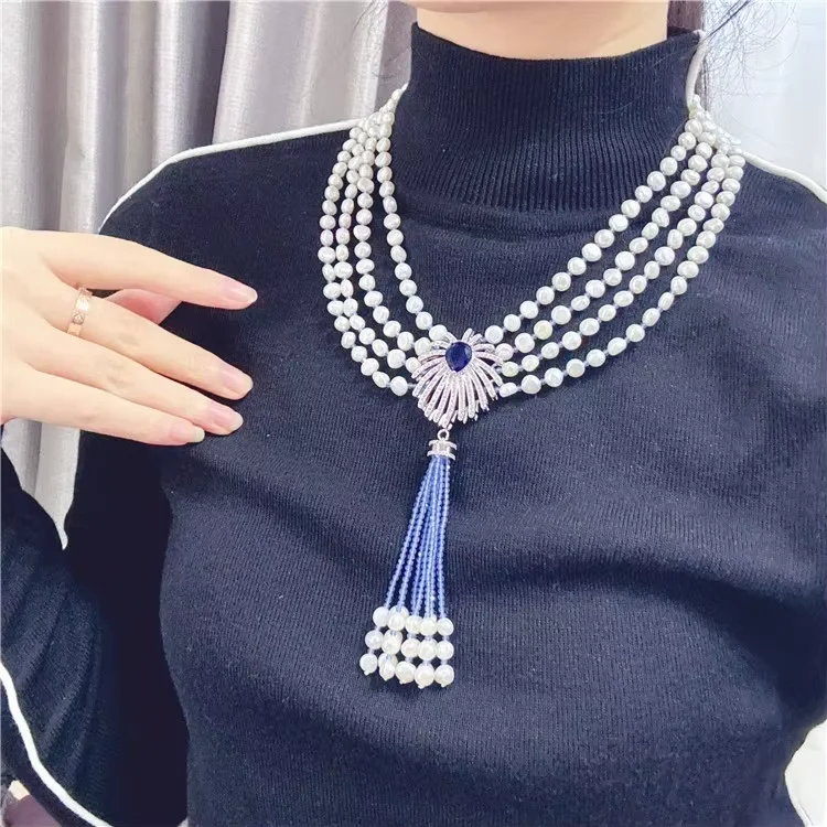 

4 Rows 5-6mm Natural White Baroque Keshi Pearl Necklace Classic For Women