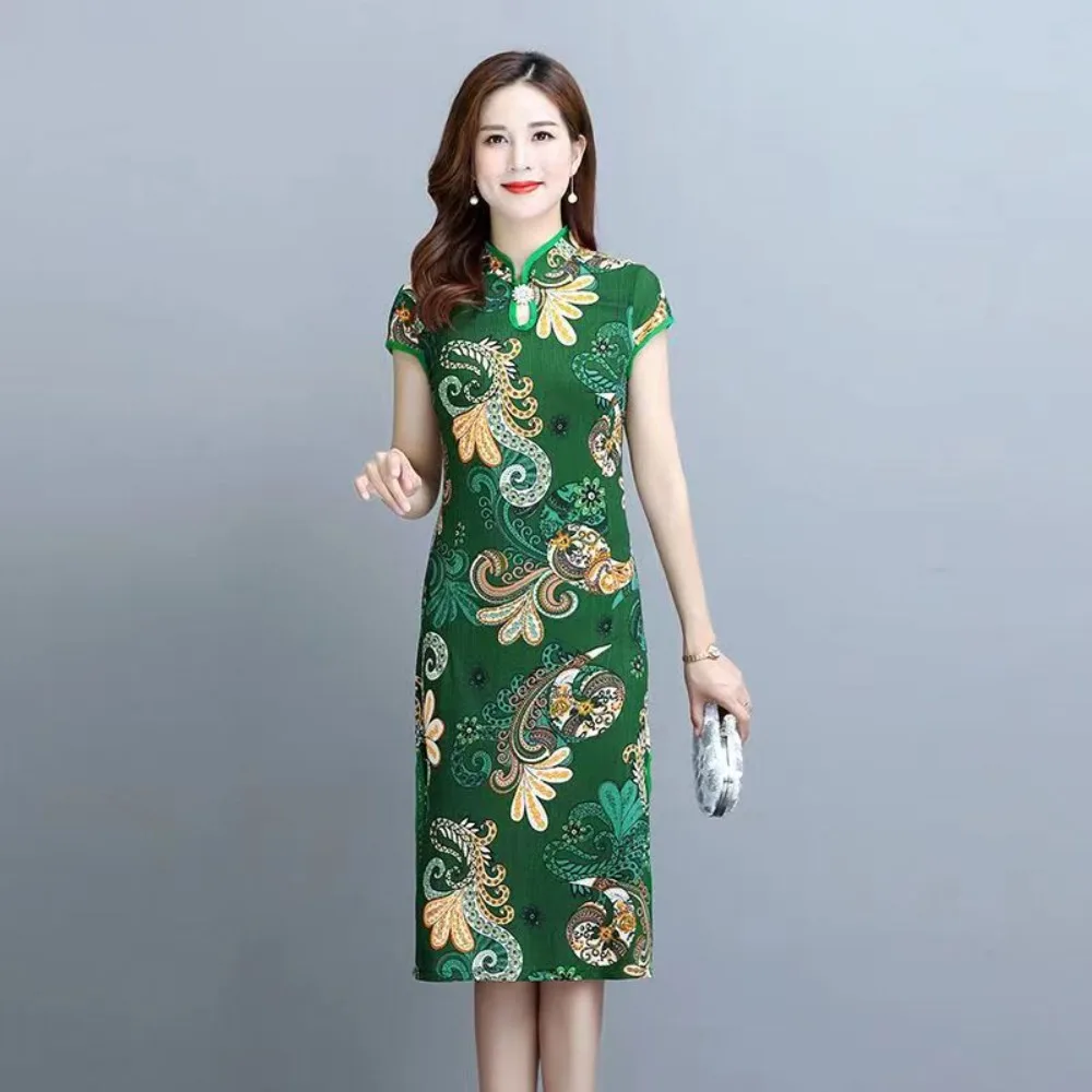 

Vestidos Chinos Mujer Vintage Classic Women Traditional Mandarin Red Green Qipao Elegant Short Sleeve Chinese Style Cheongsam