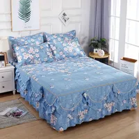 3pcs Bedskirt Set, Flower Printed All Seasons Universal Non-slip Bedding Set (Bed Skirt *1+ Pillowcase*2, Without Core)