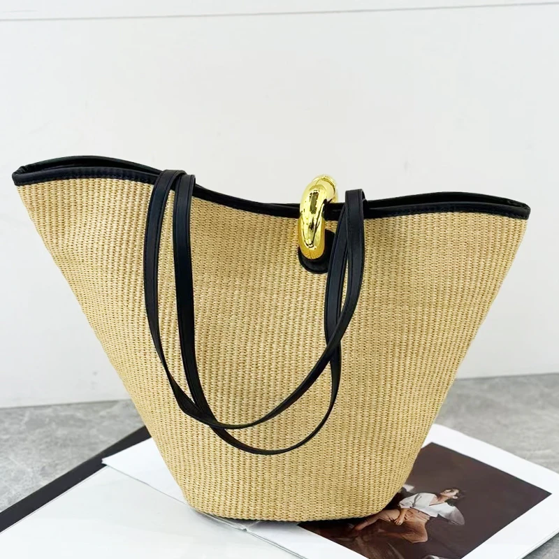 Beach Bucket Bags For Women Luxury Designer Handbags And Purses 2025 New In Grass Knitting Lock Large Capacity underarm Shoulder
