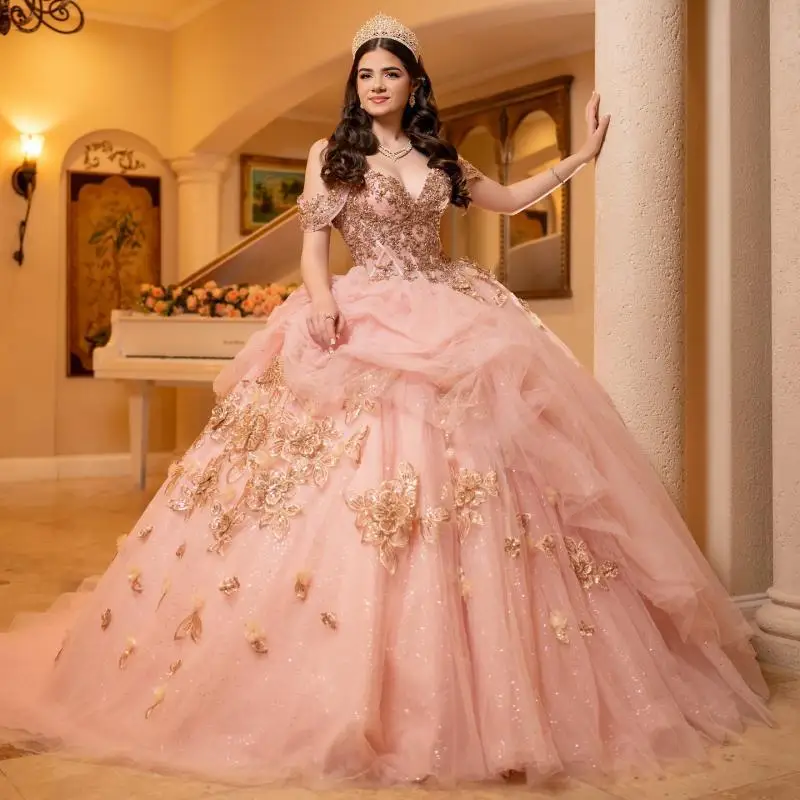 Customized Shiny Pink Off Shoulder Quinceanera Dres Tull sequin applique Lace beads vestidos de 15 Quinceanera ﻿