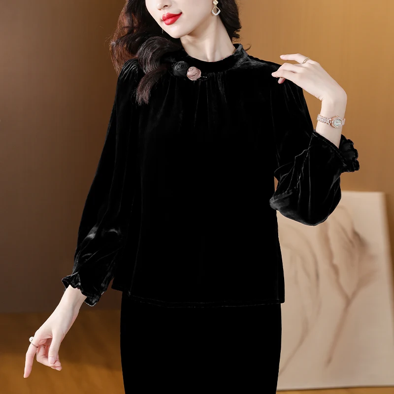 Women Red Velvet Long Sleeve Chic Appliques Blouses Autumn Winter Elegant Luxury Top Shirts 2024 Korean Fashion Bodcyon Coats