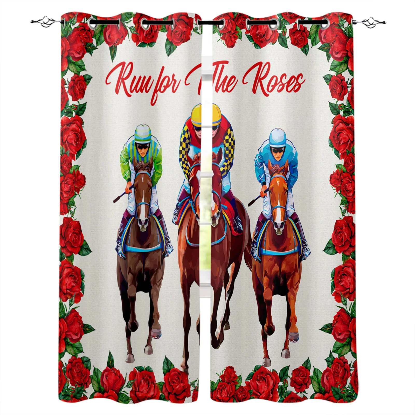 Horse Racing Competition Rose Flower Curtains for Living Room Kids Bedroom Window Curtain Balcony Hall Drape Long Cortinas