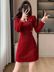 Women Red Luxury Festival Party Vestidos Autumn Winter Fashion Chenille Thick Warm Short Dress 2026 Korean Vintage Elegant Dress